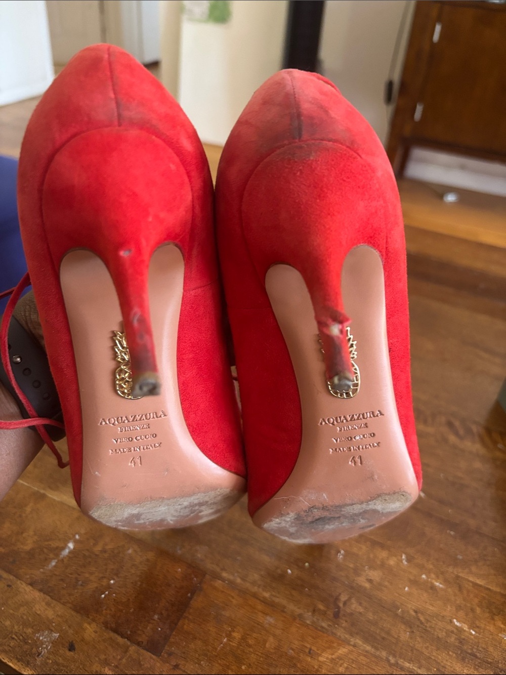 Aquazzura Coral-Red Suede Lace-Up Pointed-Toe Heels - Picture 2 of 3
